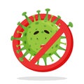 Green emoji sad coronovirus covid-19 inside a red prohibition sign, round with spikes. Isolated vector illustration